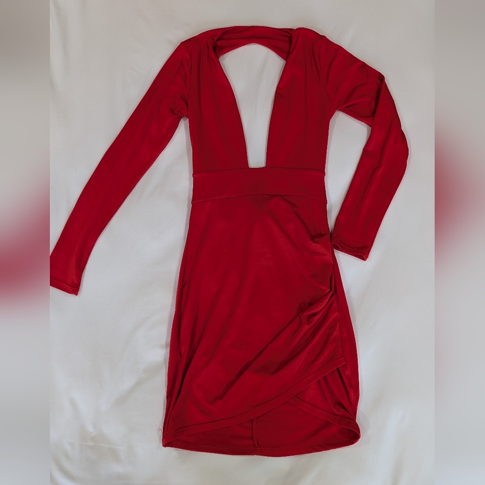 Red Deep V Open Back Bodycon Mini Long Sleeve Dress, Size M